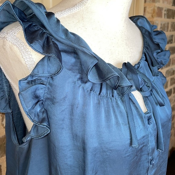 Dress Barn Blue Satin Ruffled Top Size Medium - Picture 2 of 7
